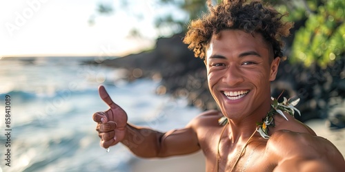 Smiling 22 year old fit Hawaiian male on the tropical beach  photo