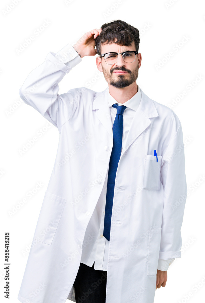 Young professional scientist man wearing white coat over isolated background confuse and wonder about question. Uncertain with doubt, thinking with hand on head. Pensive concept. Young professional scientist man wearing white coat over isolated background confuse and wonder about question. Uncertain with doubt, thinking with hand on head. Pensive concept.