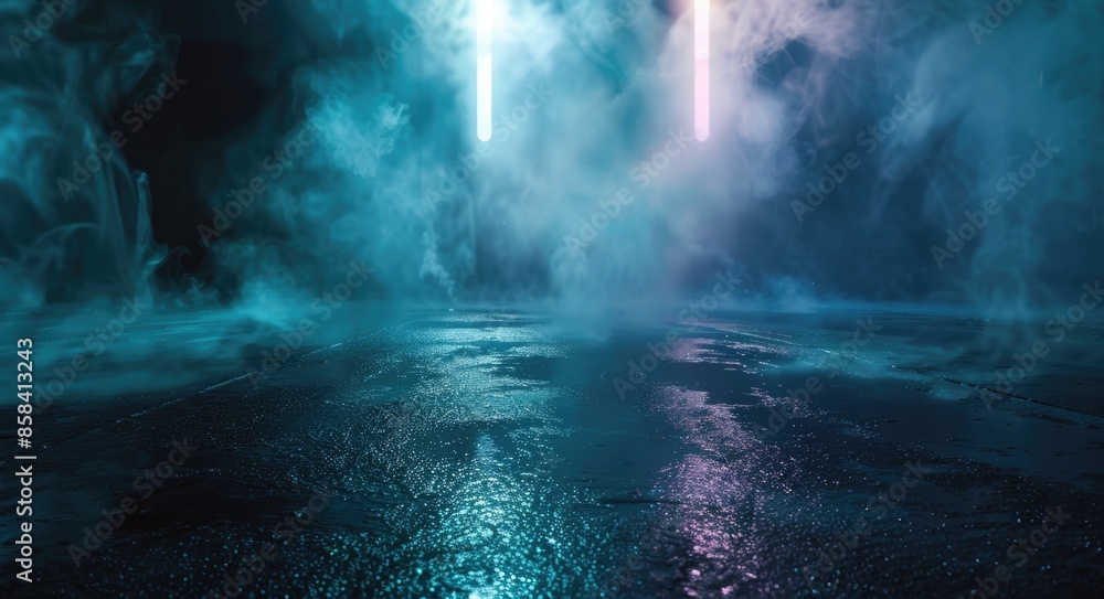 Obraz premium Abstract Background Scene with Wet Asphalt, Neon Lights, and Smoke in Dark Empty Street