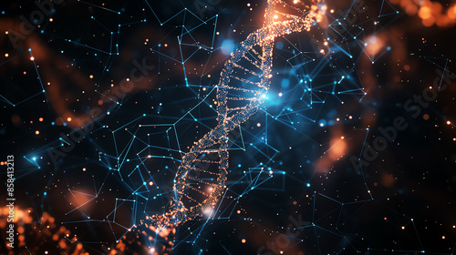 Glowing double helix surrounded by a dark blue background. The helix is made up of a series of orange and yellow dots, while the background is filled with tiny white dots.