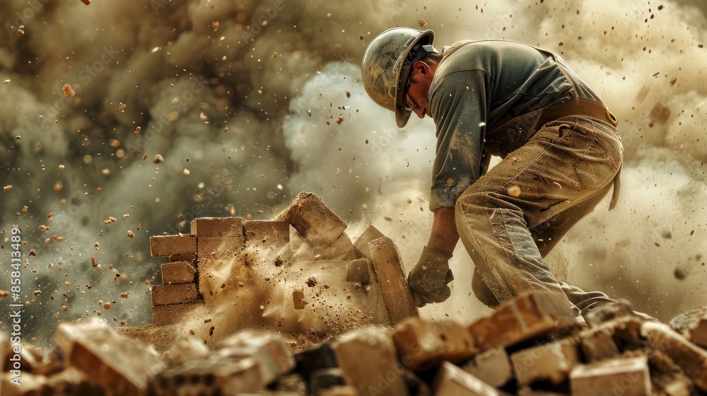 A dynamic image of a bricklayer in action, captured mid-motion while laying bricks, against a copy space background suitable for adding project updates, construction company logos, A dynamic image of a bricklayer in action, captured mid-motion while laying bricks, against a copy space background suitable for adding project updates, construction company logos,