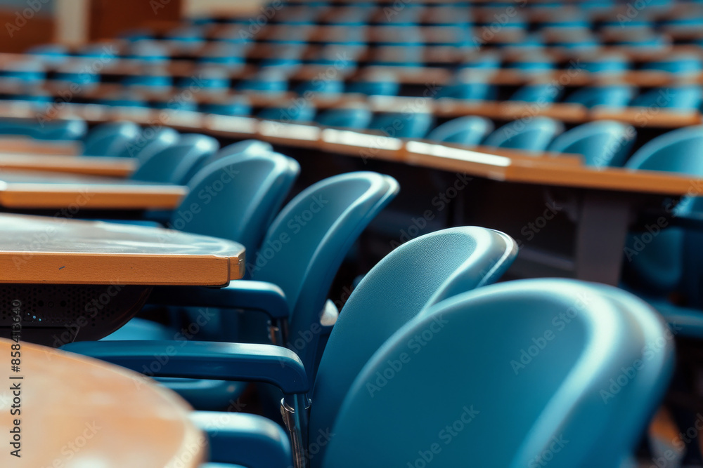 Naklejka premium Empty lecture hall with blue seats and wooden desks, ready for students in a university or college setting, emphasizing education and learning.