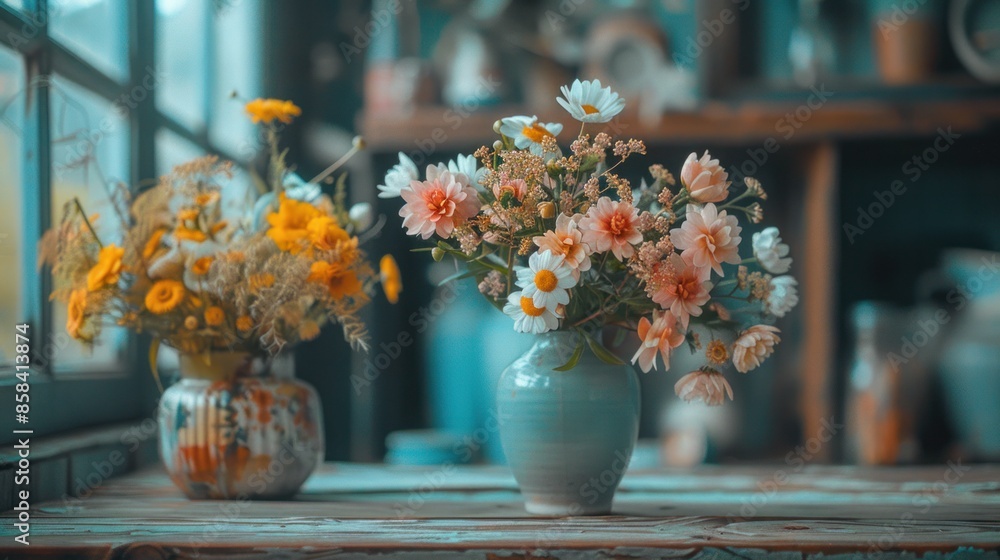 A beautiful flower arrangement on a rustic wooden table A beautiful flower arrangement on a rustic wooden table