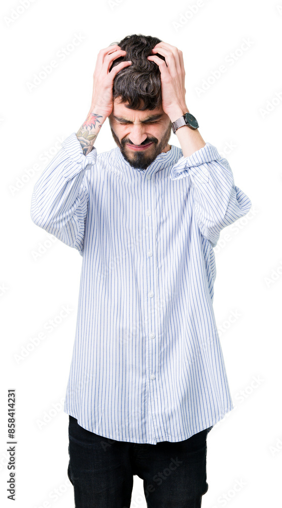 Young handsome business man over isolated background suffering from headache desperate and stressed because pain and migraine. Hands on head. Young handsome business man over isolated background suffering from headache desperate and stressed because pain and migraine. Hands on head.