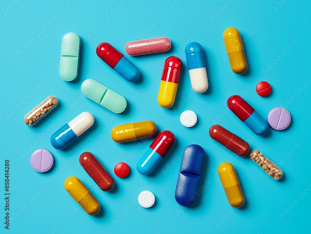 A variety of colorful pills and capsules scattered on a bright blue background, representing medication and healthcare concepts. A variety of colorful pills and capsules scattered on a bright blue background, representing medication and healthcare concepts.