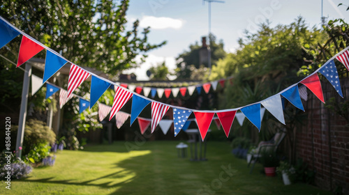 Patriotic garden party decorations with American flag bunting. Perfect for Independence Day, Memorial Day, or a summer celebration.