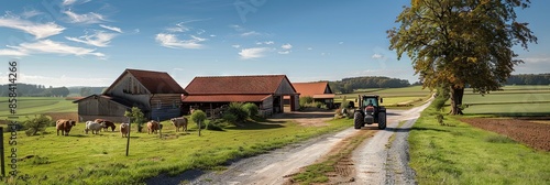 view of a presentable modern farm with a red tiled roof on top, various animal houses next to it
