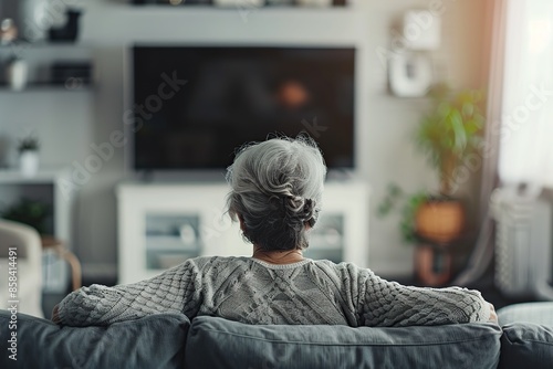 Back view of senior woman sitting on soft sofa and watching tv