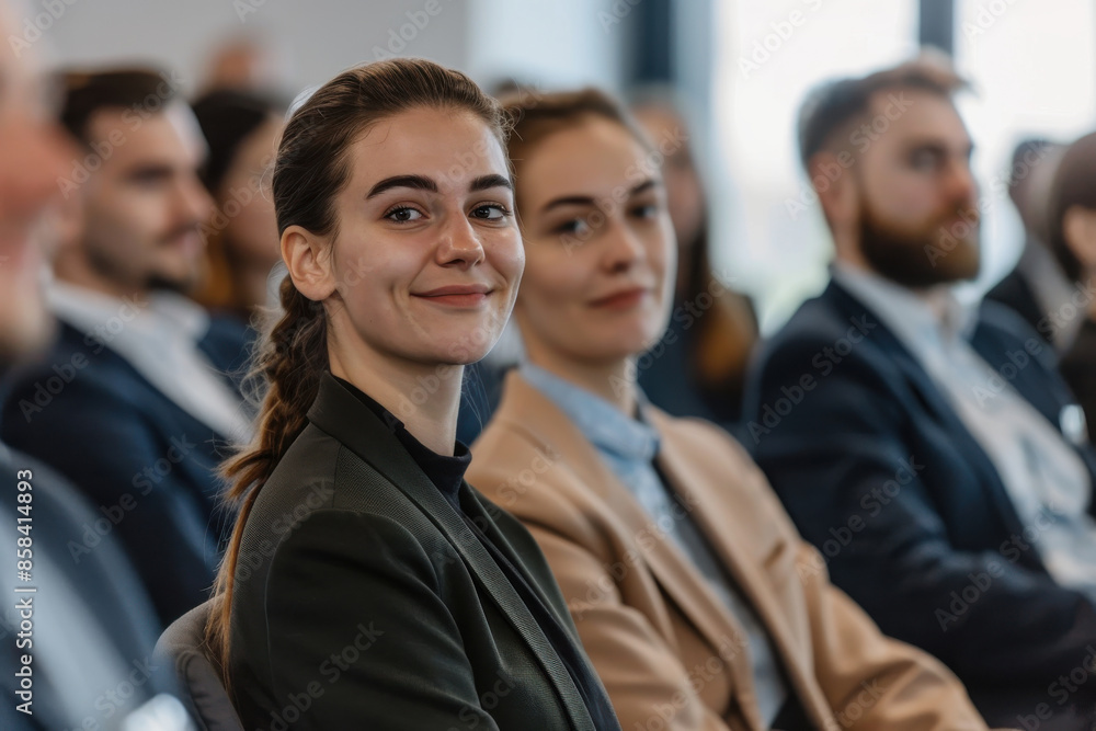 Young professionals attending a business conference, engaged and smiling, showing enthusiasm and professionalism in a corporate setting. Young professionals attending a business conference, engaged and smiling, showing enthusiasm and professionalism in a corporate setting.