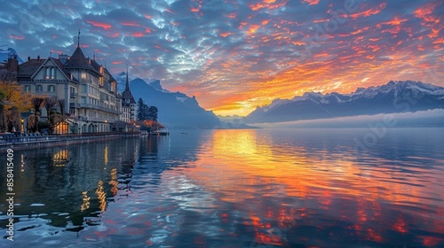Switzerland Landscape : Lake Geneva of Montreux at sunrise photo