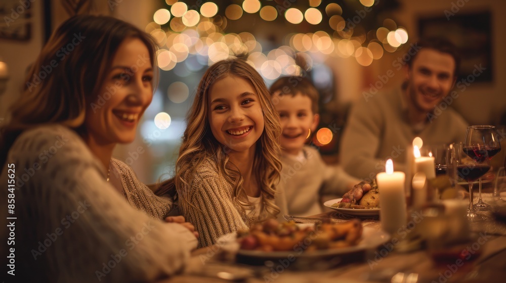 A family is enjoying dinner together in a warm and friendly dining room. A family is enjoying dinner together in a warm and friendly dining room.