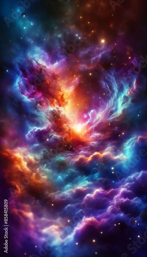 cosmic nebula with swirling clouds of gas and dust in hues of red, orange, purple, and blue. The vibrant and dynamic scene showcases the beauty and mystery of the universe, with stars