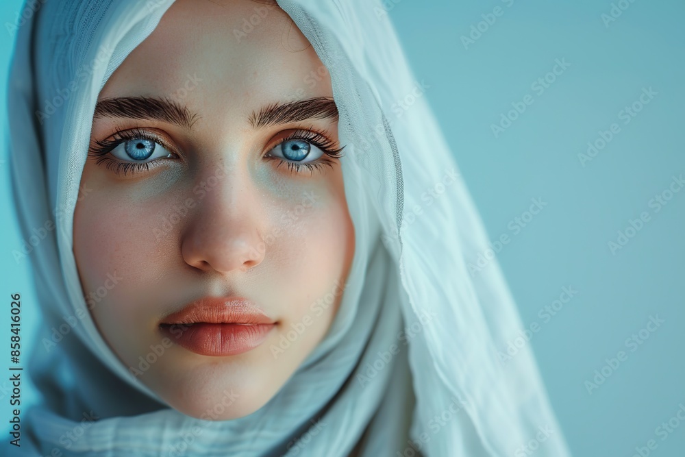 Portrait of young arabian girl in hijab on blue background. Muslim woman Portrait of young arabian girl in hijab on blue background. Muslim woman