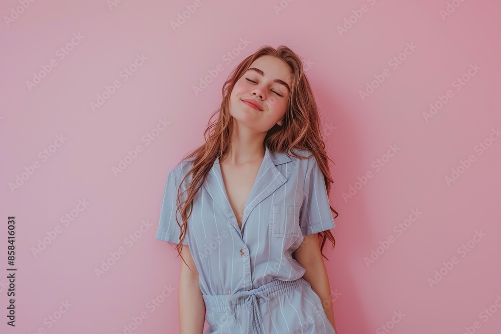 Young happy girl in pajama on pink background Young happy girl in pajama on pink background