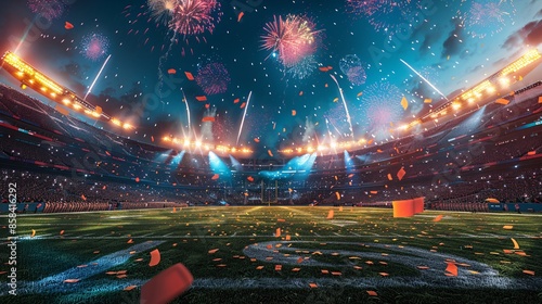 An American football stadium at night with fireworks exploding in the sky and confetti falling onto the field