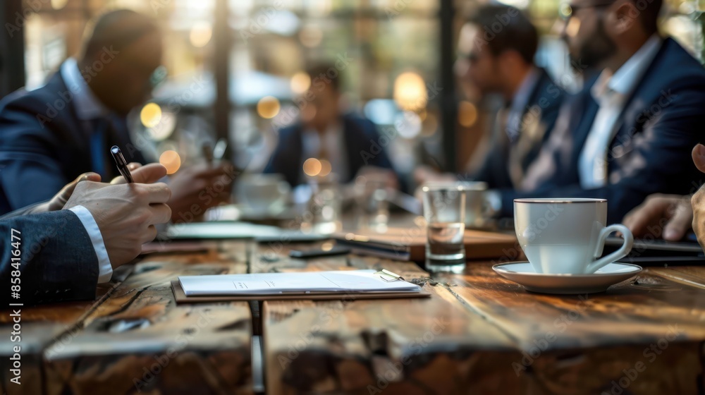 A group of men are sitting around a table with a white cup and a pen A group of men are sitting around a table with a white cup and a pen