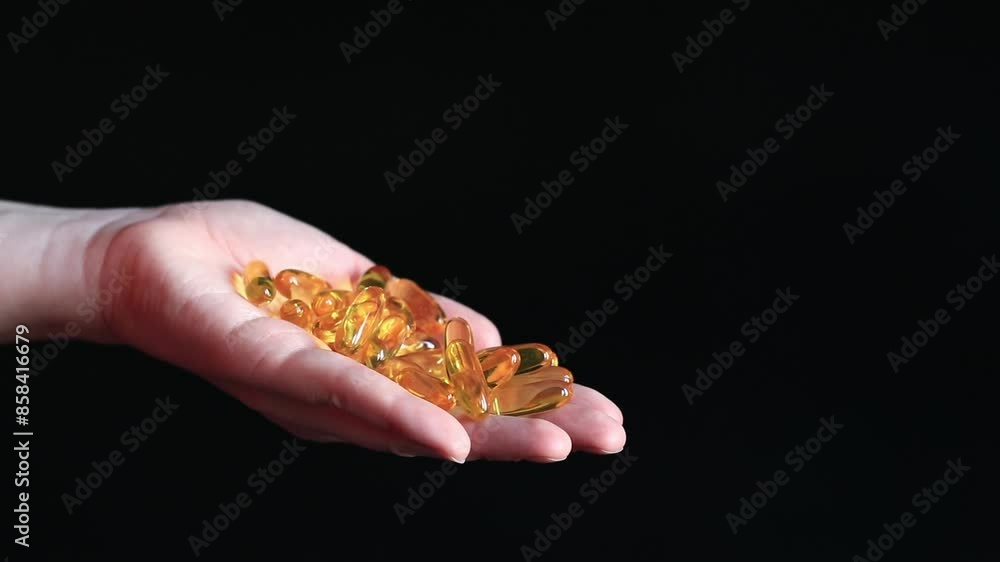 Capsules with golden fish oil Omega 3 in a female hand. Bright yellow transparent vitamins on a black background. Medicine and healthcare. Vitamins and dietary supplements Capsules with golden fish oil Omega 3 in a female hand. Bright yellow transparent vitamins on a black background. Medicine and healthcare. Vitamins and dietary supplements