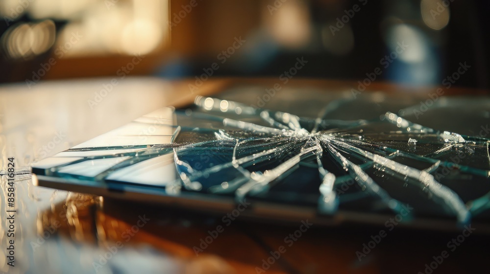 Close up of cracked laptop screen resting on a table Close up of cracked laptop screen resting on a table