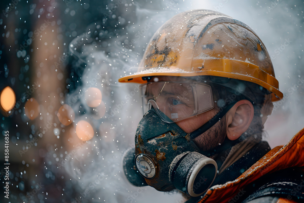 Professional construction worker wearing a high-grade dust mask, surrounded by lot of floating particles of glass wool dust in a construction site. Generative AI. Professional construction worker wearing a high-grade dust mask, surrounded by lot of floating particles of glass wool dust in a construction site. Generative AI.