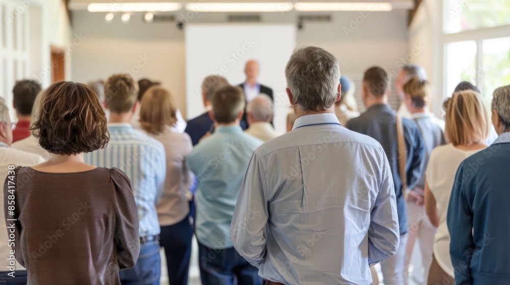 A group of bidders gathered around an auctioneer at a house auction, with a blank background providing ample space for adding details about the property or event A group of bidders gathered around an auctioneer at a house auction, with a blank background providing ample space for adding details about the property or event