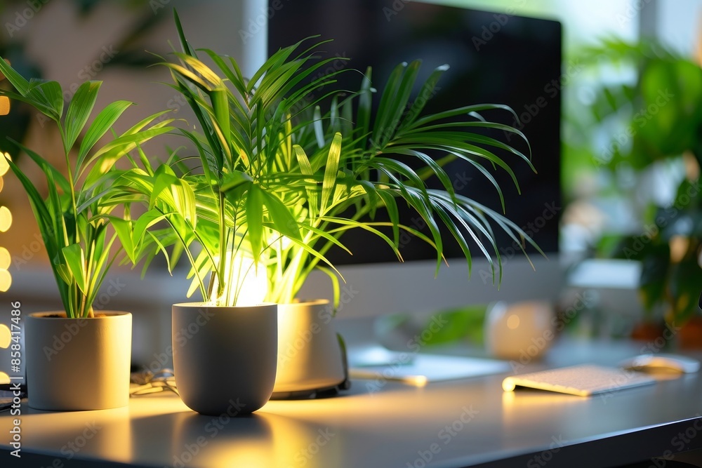 Eco-Friendly Ergonomic Office Setup with Green Plants and Natural Lighting Eco-Friendly Ergonomic Office Setup with Green Plants and Natural Lighting