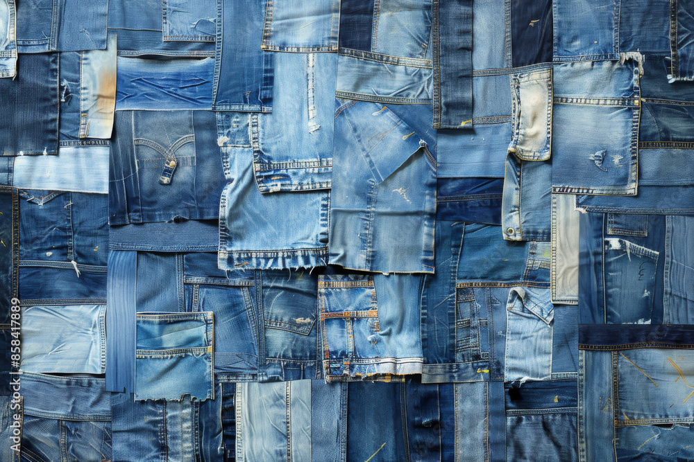 Patchwork of various denim jeans stitched together, creating a textured mosaic. Different shades of blue combine to form an intricate, artistic textile collage. Patchwork of various denim jeans stitched together, creating a textured mosaic. Different shades of blue combine to form an intricate, artistic textile collage.