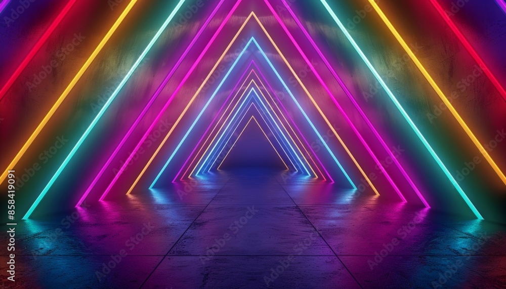 Fototapeta premium Vibrant Neon Triangle Tunnel with Colored Lights and Reflective Floor