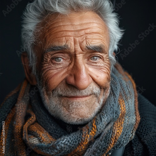 A quiet, blind old man with deep wrinkles smile gently