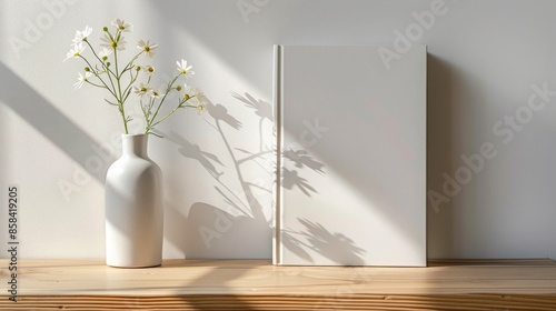 Elegant Desk Arrangement: A Book with a Pure White Cover Beside a Delicate Vase