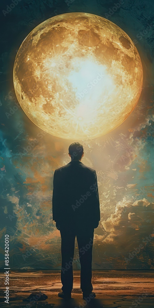 Fototapeta premium Silhouette of a man standing under a large glowing moon in a cloudy, starry night sky, creating a dreamy and surreal atmosphere.