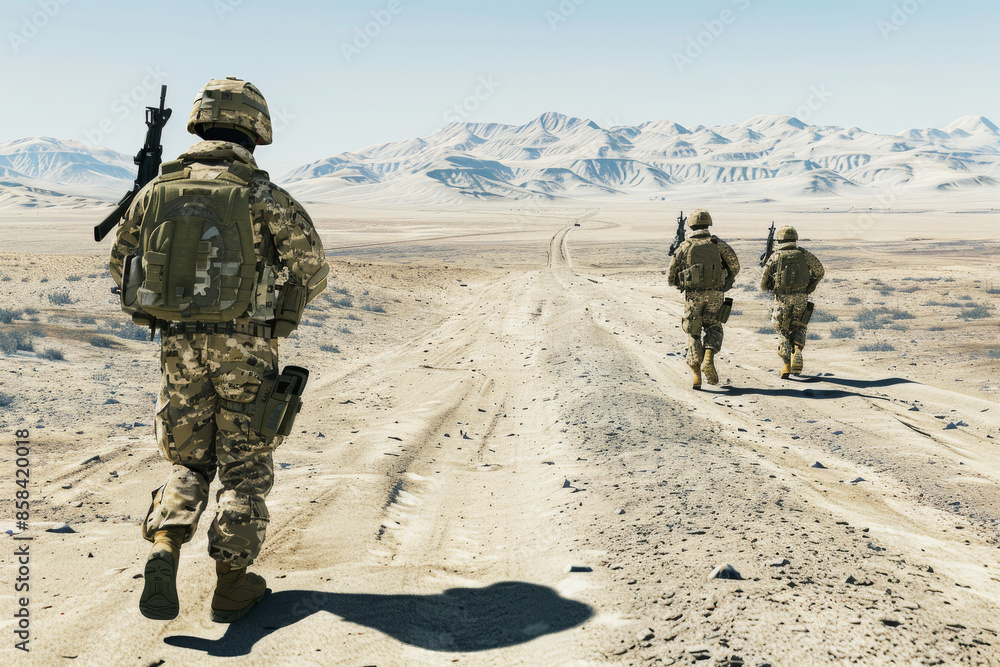 Soldiers in camouflage gear traverse a barren desert landscape, moving with purpose and determination under a clear sky. Soldiers in camouflage gear traverse a barren desert landscape, moving with purpose and determination under a clear sky.