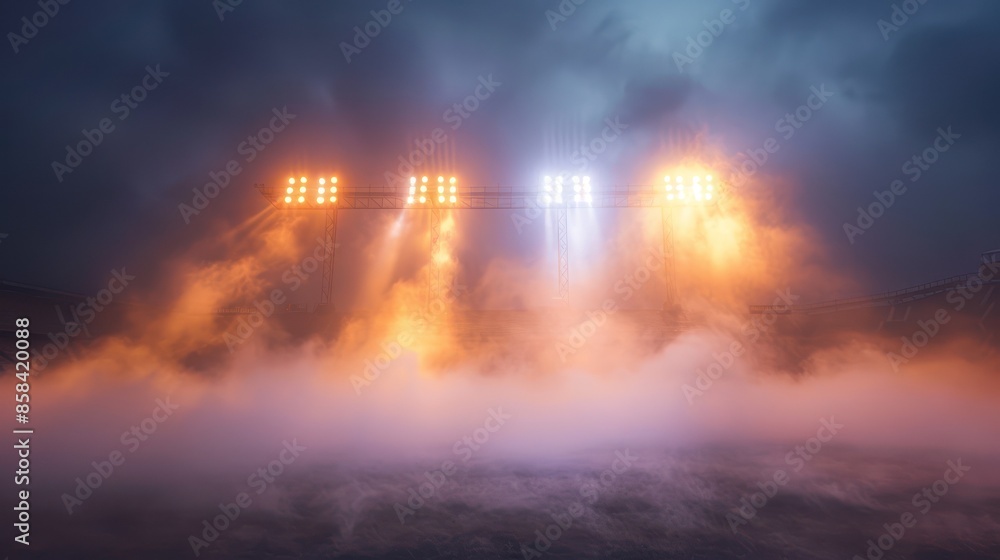Fototapeta premium Stadium floodlights illuminating through dense fog during night, creating a dramatic and mystical atmosphere under dark, cloudy skies.