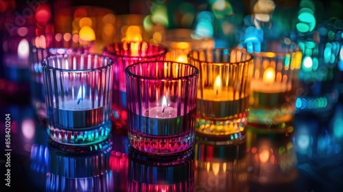 A bunch of candles in different colors are lit up. Generate AI image © Ashalina