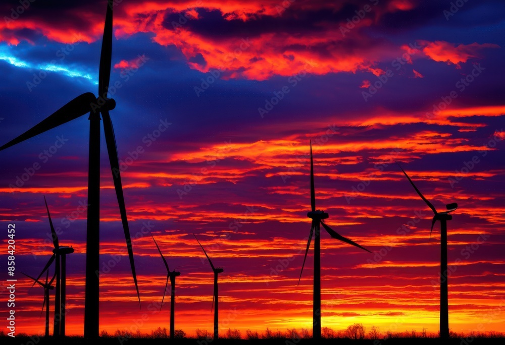 Obraz premium vibrant sunset glow silhouettes wind turbines horizon, colorful, dusk, shadows, evening, sky, orange, red, yellow, black, outlines, sunrise, bright, shine