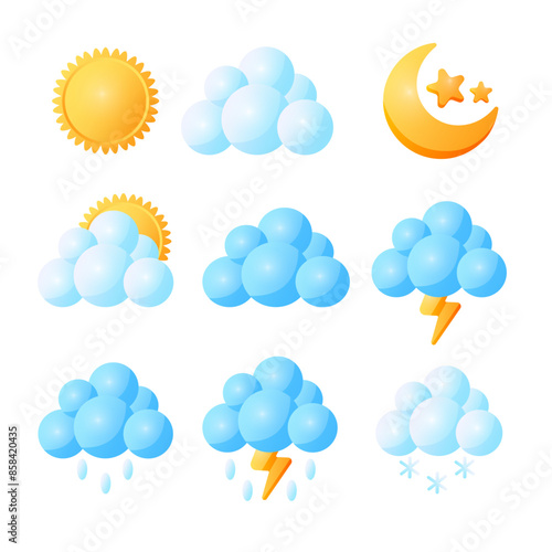 Set of weather icons, sunny, cloudy, clear at night, partly cloudy, rain, thunderstorm, snow in cute cartoon style.