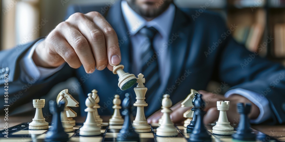 Businessman in a suit making a strategic chess move, focusing on the chessboard with multiple chess pieces, representing strategy and planning. Businessman in a suit making a strategic chess move, focusing on the chessboard with multiple chess pieces, representing strategy and planning.