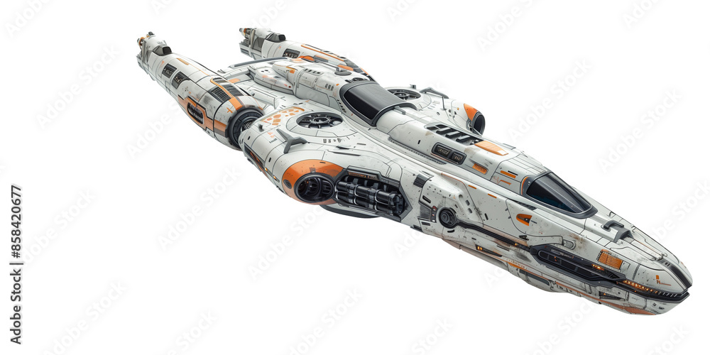 A sleek, futuristic spaceship with a white and orange color scheme, featuring detailed panels and thrusters. Perfect for sci-fi themes. A sleek, futuristic spaceship with a white and orange color scheme, featuring detailed panels and thrusters. Perfect for sci-fi themes.