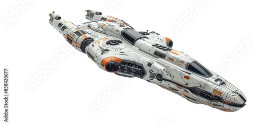 A sleek, futuristic spaceship with a white and orange color scheme, featuring detailed panels and thrusters. Perfect for sci-fi themes.