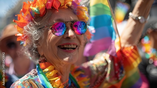 LGBTQ parade, with older participants proudly waving flags and celebrating their community