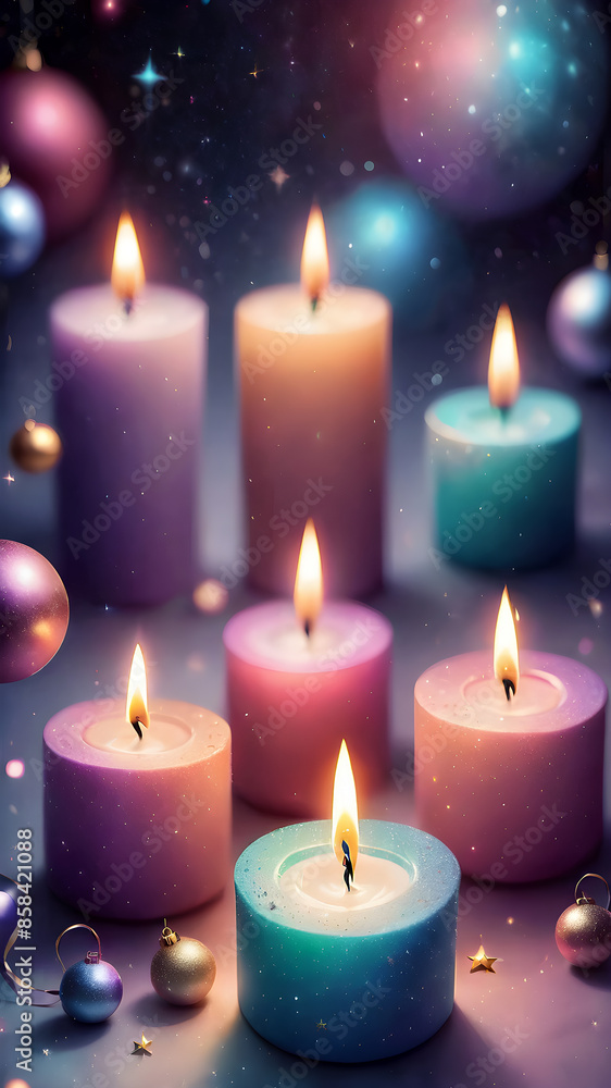 Christmas candles. pastel christmas background. New Year Christmas candles. pastel christmas background. New Year