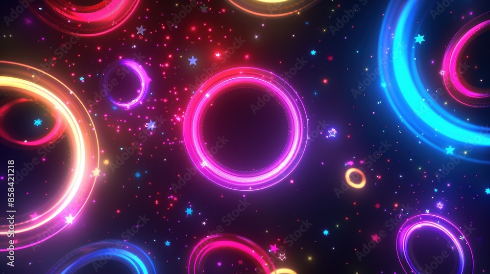 Glowing neon light rings with glittering stars in a dark cosmic background Glowing neon light rings with glittering stars in a dark cosmic background