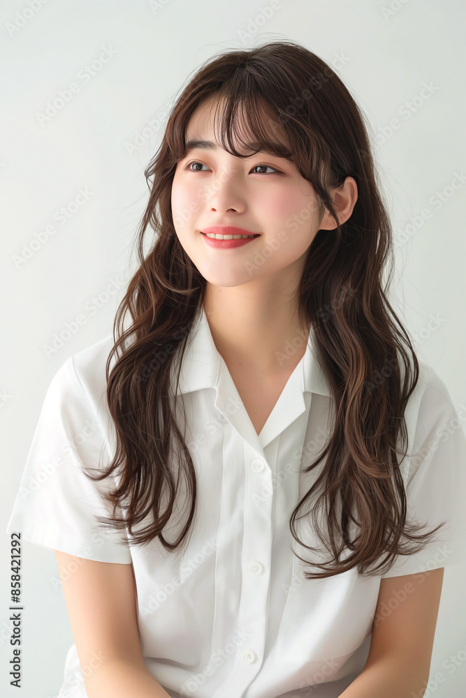 Young woman in a White Blouse sitting on a pile of colorful parcel boxes and smile to the viewer with Solid white background Young woman in a White Blouse sitting on a pile of colorful parcel boxes and smile to the viewer with Solid white background