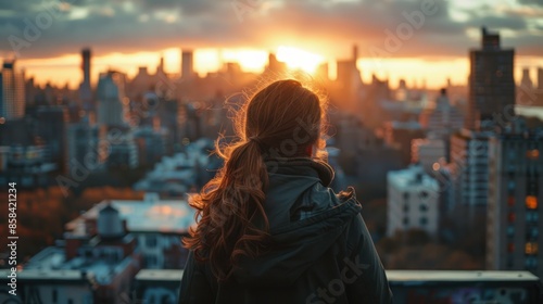 A woman admires the beautiful city view from a rooftop. © Jang