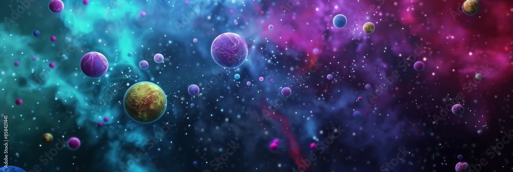 Enchanting Universe Concept: Colorful Fantasy Planets in Cosmic Nebula Background Enchanting Universe Concept: Colorful Fantasy Planets in Cosmic Nebula Background