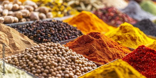 A vivid array of various spices in different vibrant colors and textures, showcasing the rich diversity and aromatic essence of global culinary ingredients.