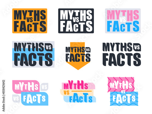 Icon set myths and facts, fiction and reality
fake news, pop-ups, truth and lies in cute cartoon style.