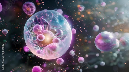 A crosssection view of a cell during cytokinesis with microtubules guiding the movement of chromosomes towards the poles. photo