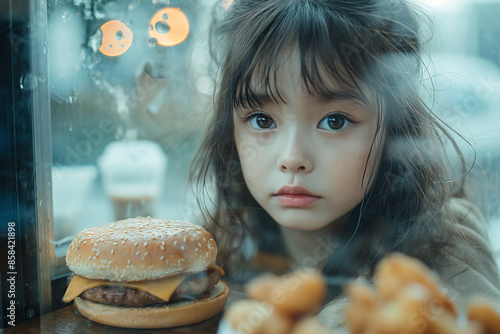 food waste concept, double exposure street photography, a Hamburger and potato fried set blending with poor and dirty Asian Girl's face in hungry and sadness