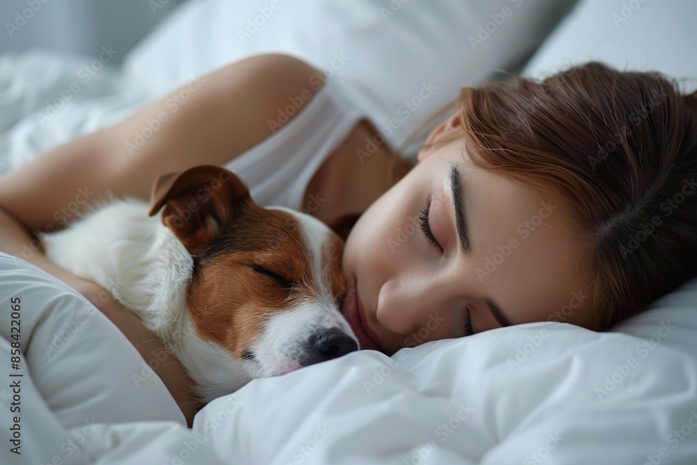 Young woman sleeping with her dog Young woman sleeping with her dog