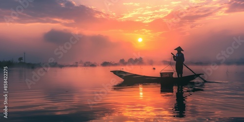 A serene scene of a fisherman rowing a boat on a calm lake during a beautiful sunset, capturing tranquility and the quiet beauty of nature in the evening light. photo